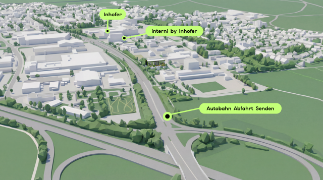 Lageplan von der Stadt Senden, in dem das Greenhouse eingezeichnet ist.