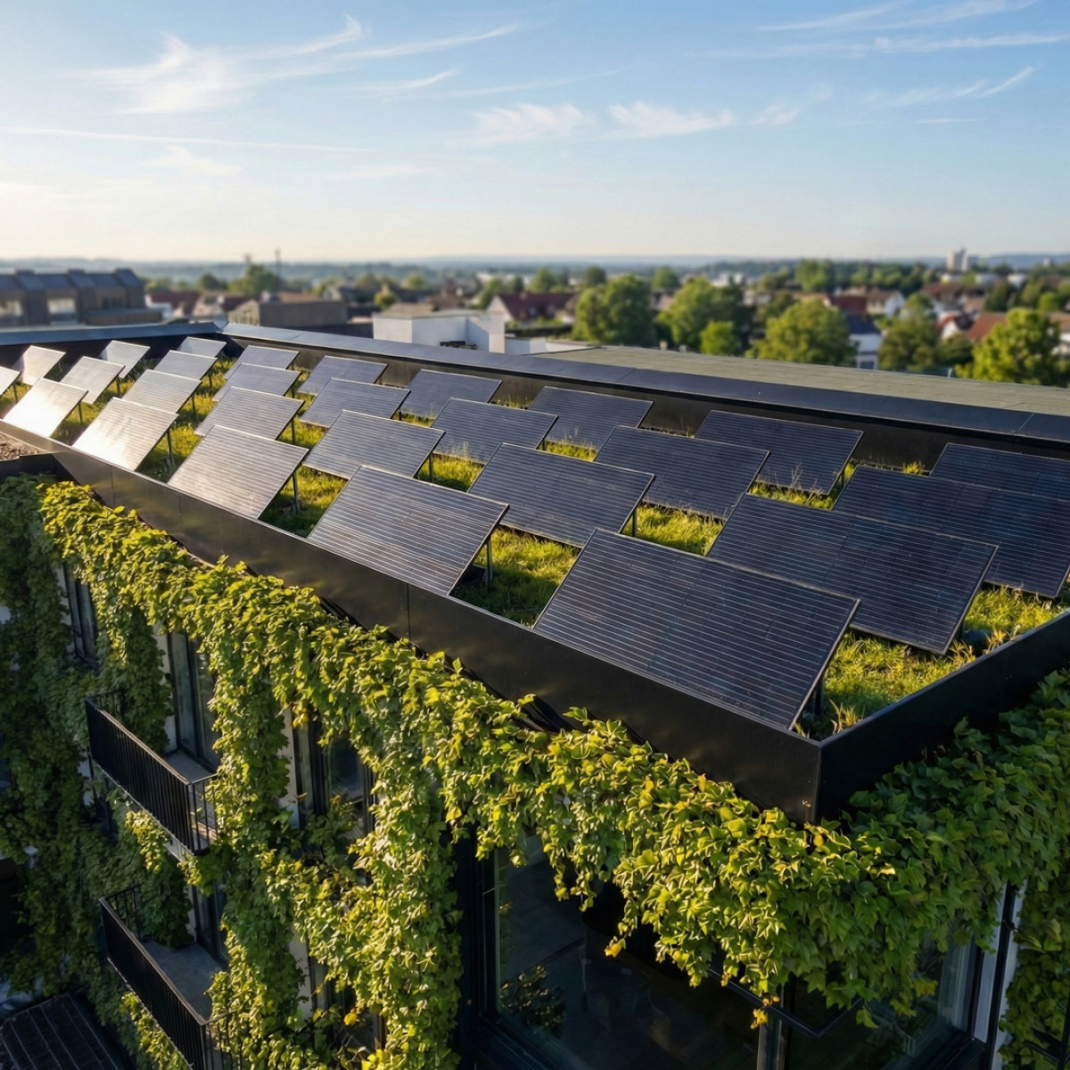 Einige Solarpanele befinden sich auf einer bepflanzten GrÃ¼nflÃ¤che; im Hintergrund ist eine bergige Landschaft.