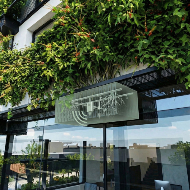 Modernes Coworking-GebÃ¤ude in Ulm mit begrÃ¼nter Fassade, Balkonen und groÃen Fenstern; vor dem GebÃ¤ude fahren einige Personen Fahrrad oder laufen auf einem Platz.