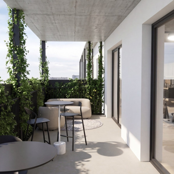 BegrÃ¼nte Dachterrasse im Greenhouse Senden mit Outdoor-Sitzgelegenheiten und direktem Zugang zum modernen BÃ¼robereich dahinter.